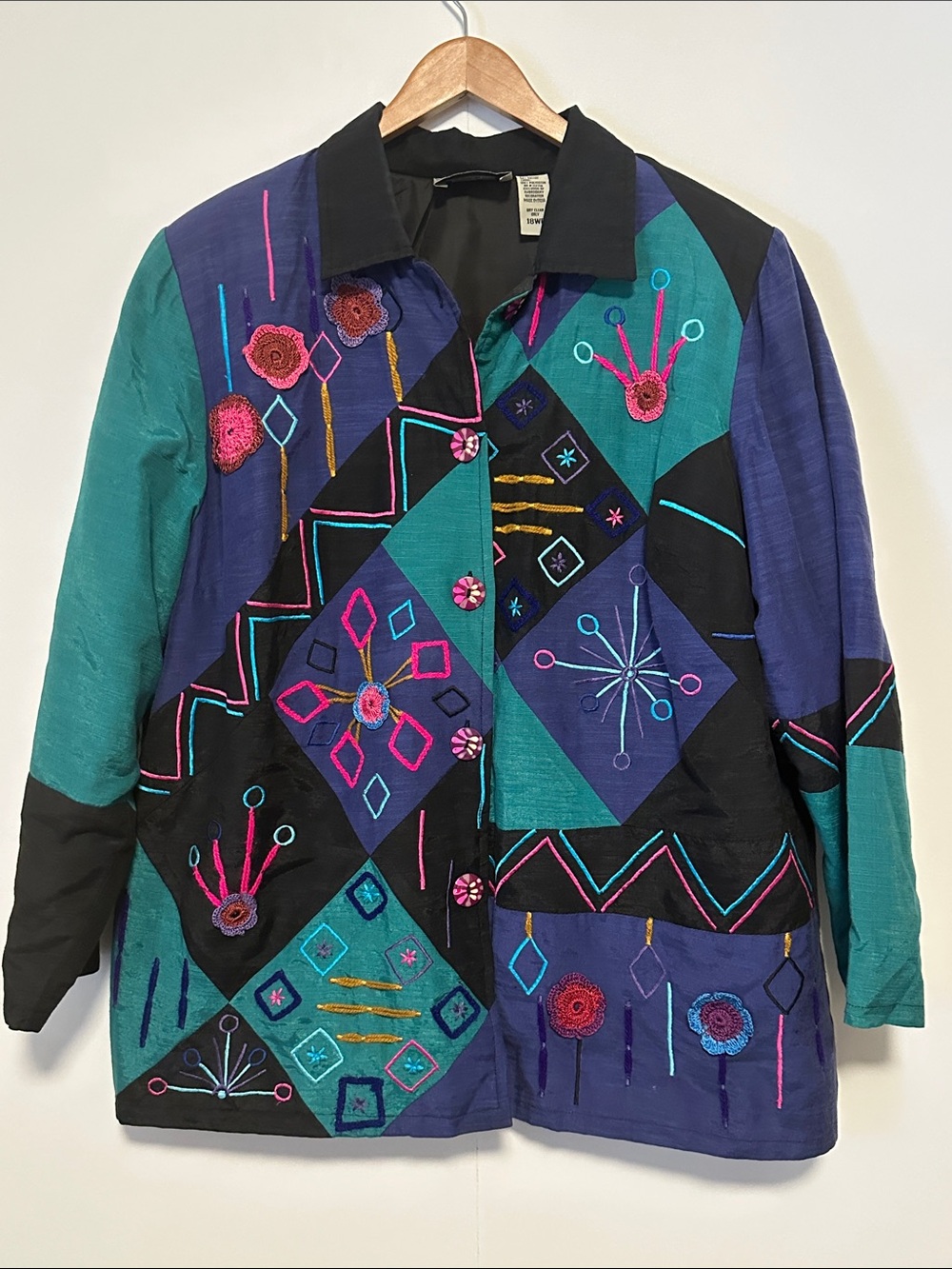 Maggie Barnes Art to Wear Teal, Purple & Black Embroidered Patchwork Blazer